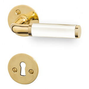 Türgriff Funkis 383 mit Set (1980+81) Messing poliert, unlackiert, weißes Bakelit Ø2