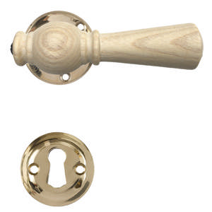 Türgriff Østerbro 670, für ältere Türen, Eschenholzgriff, Messing poliert, unlackiert