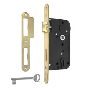 Mitteltürschloss SINA D 55 mm + Zinn 235 x 24 mm rund HV Messing poliert mit Lack CC 72 m