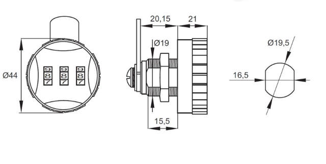 Siso-Codeschloss Ø44MM schwarz/grau 19x16 mm mit 15 mm Gewindelänge.