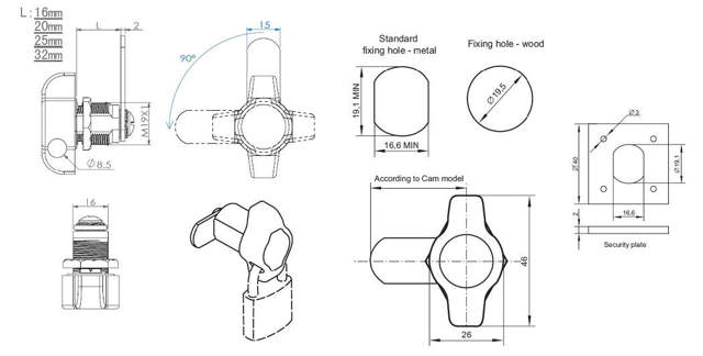 Siso-Möbelschloss 300R Ø19 – 25 mm Länge mit Vorhängeschloss, Cam A04